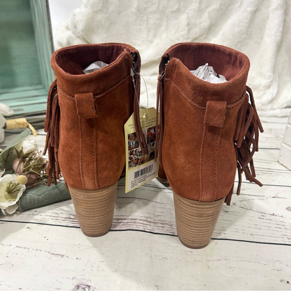 toms lunata western boho cognac fringe ankle suede booties nwt - Picture 8 of 9